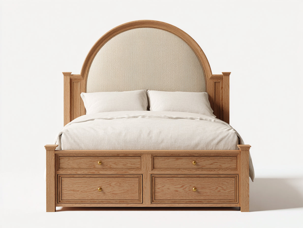 Cama doble Madera maciza y tapicería 210x160x120 cm - Roble-Beige - Clásico con almacenamiento