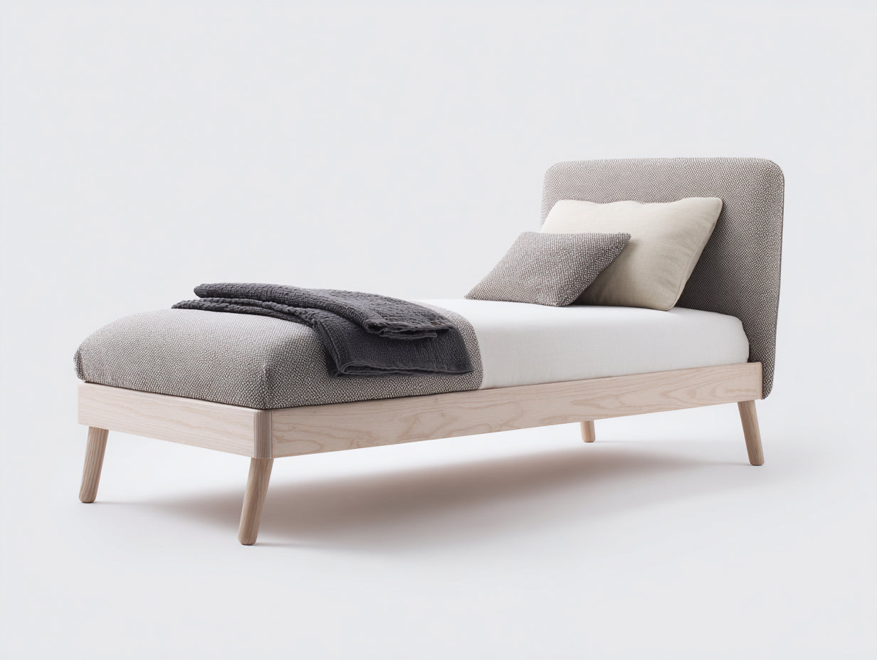 Camas individuales de madera 200x90x95 cm - madera y gris - cabecero tapizado
