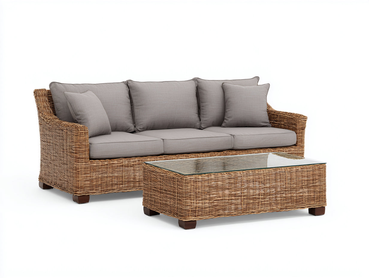 Sofás de exterior de ratán 220x85x82 cm - natural-gris - con mesa de centro - diseño para jardín