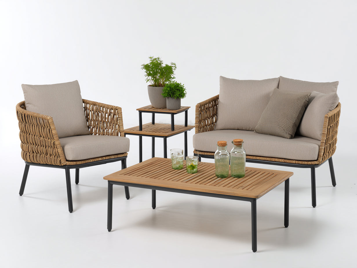 Sofás de exterior de cuerda trenzada 220 x 150 x 78 cm - natural - con mesas para jardín