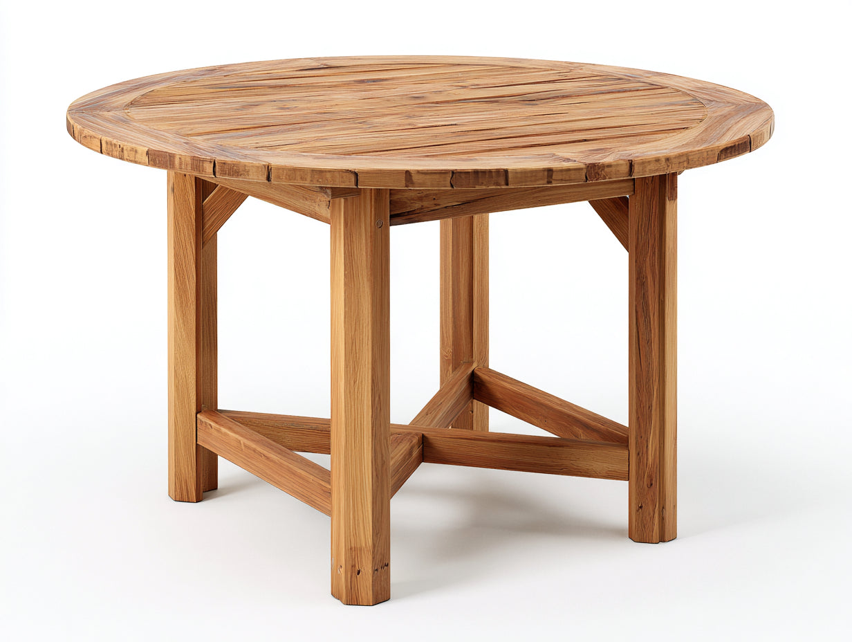 Mesas de jardín de madera 130x130x76 cm - madera natural - tablero redondo - estructura reforzada