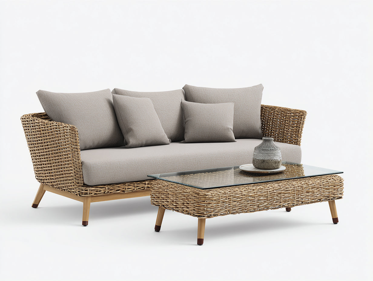 Sofás de exterior de ratán 210x82x78 cm - beige y madera - con mesa de centro