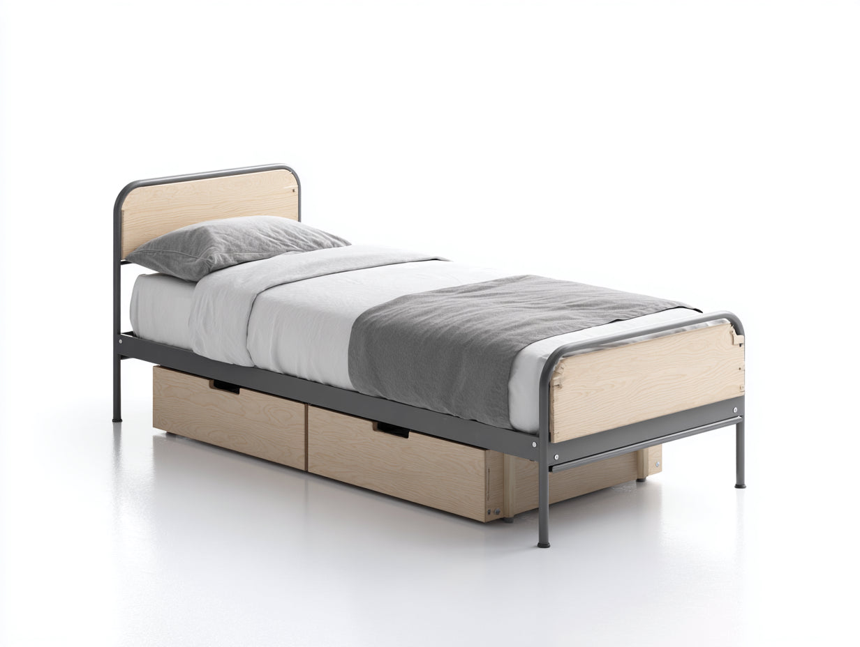 Camas individuales de madera y metal 200x90x95 cm - beige-gris - 2 cajones integrados - estilo industrial para dormitorio