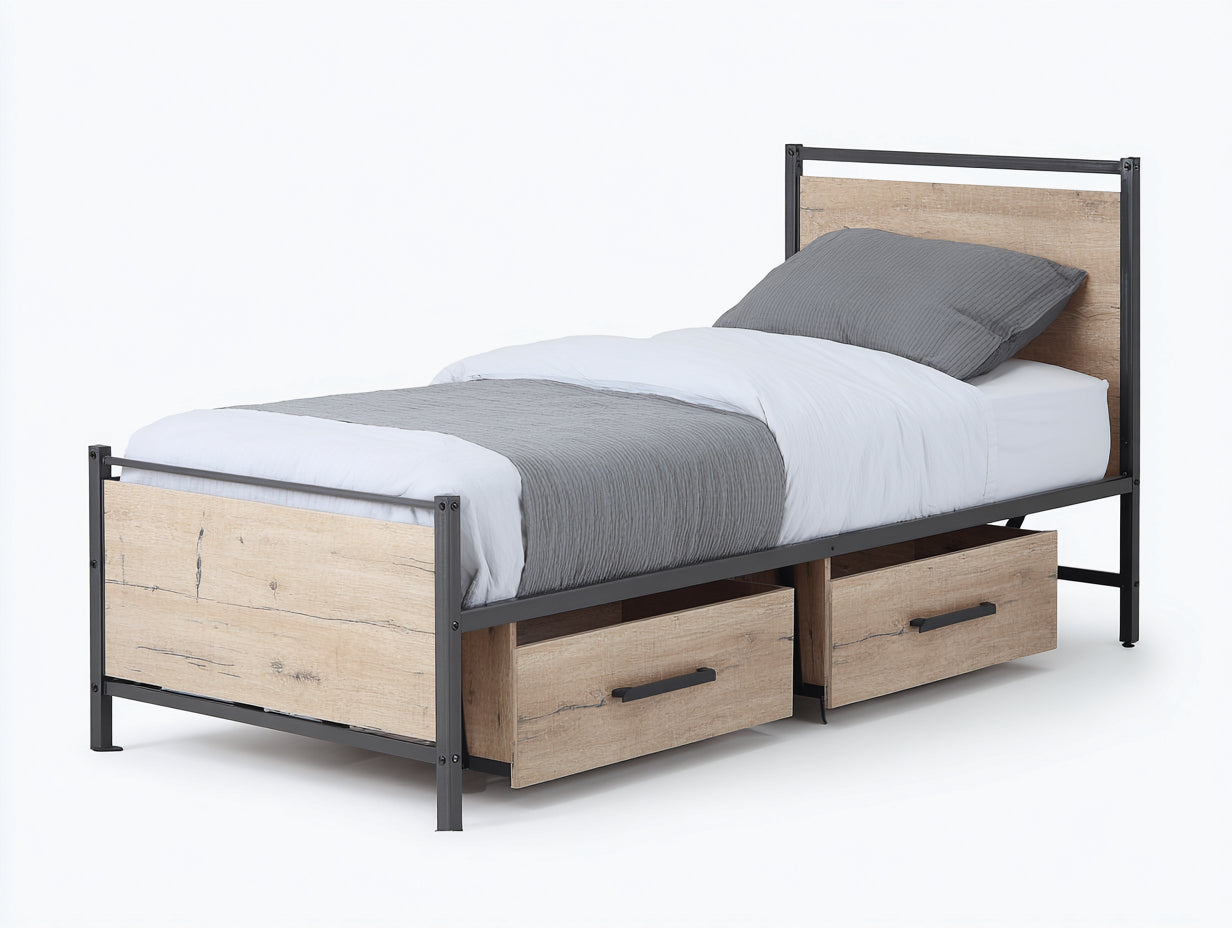 Camas individuales de metal y madera 200x95x100 cm - natural y negro para dormitorio - diseño industrial