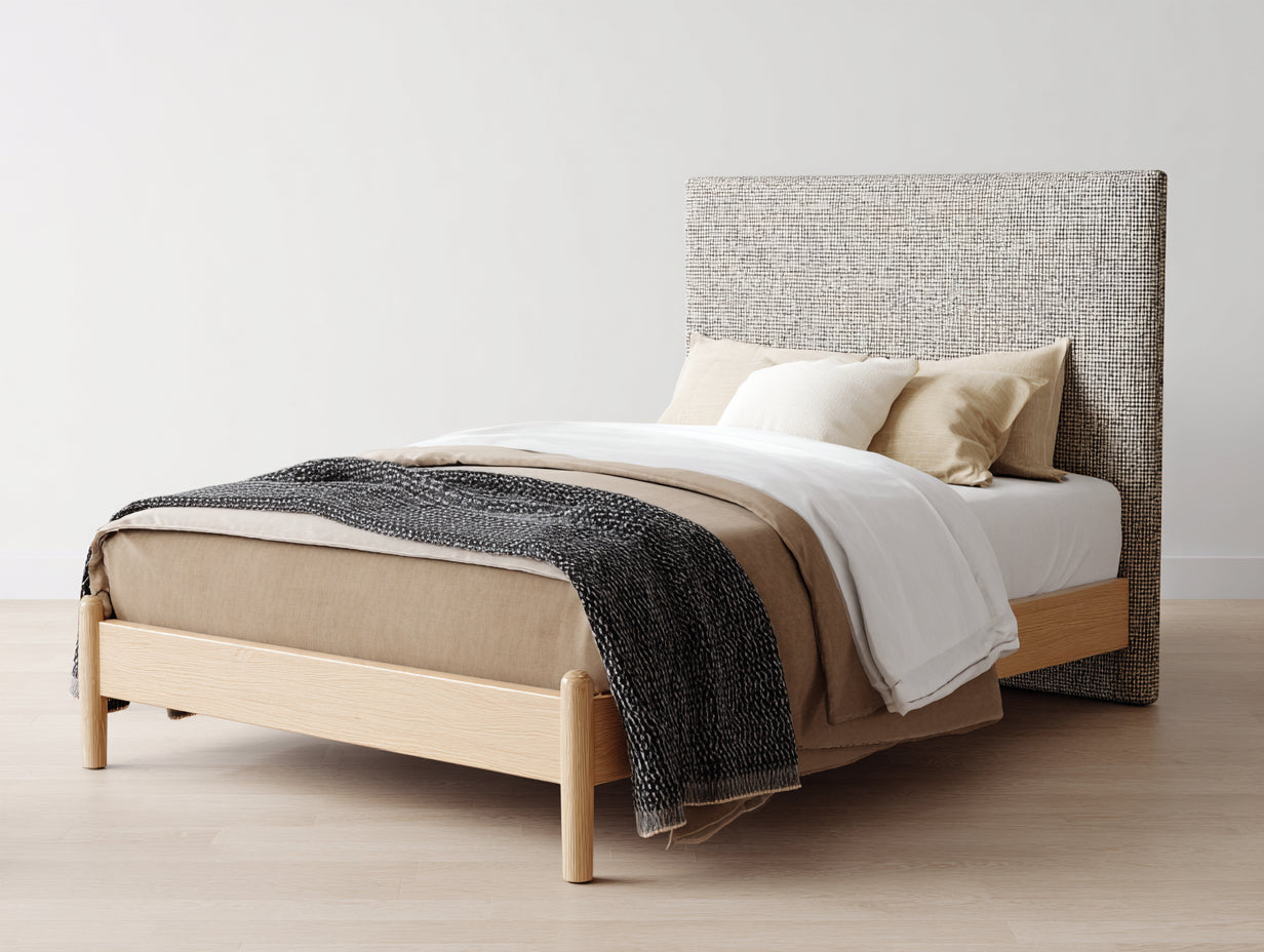 Camas dobles de madera 200x160x120 cm - beige y natural - cabecero tapizado