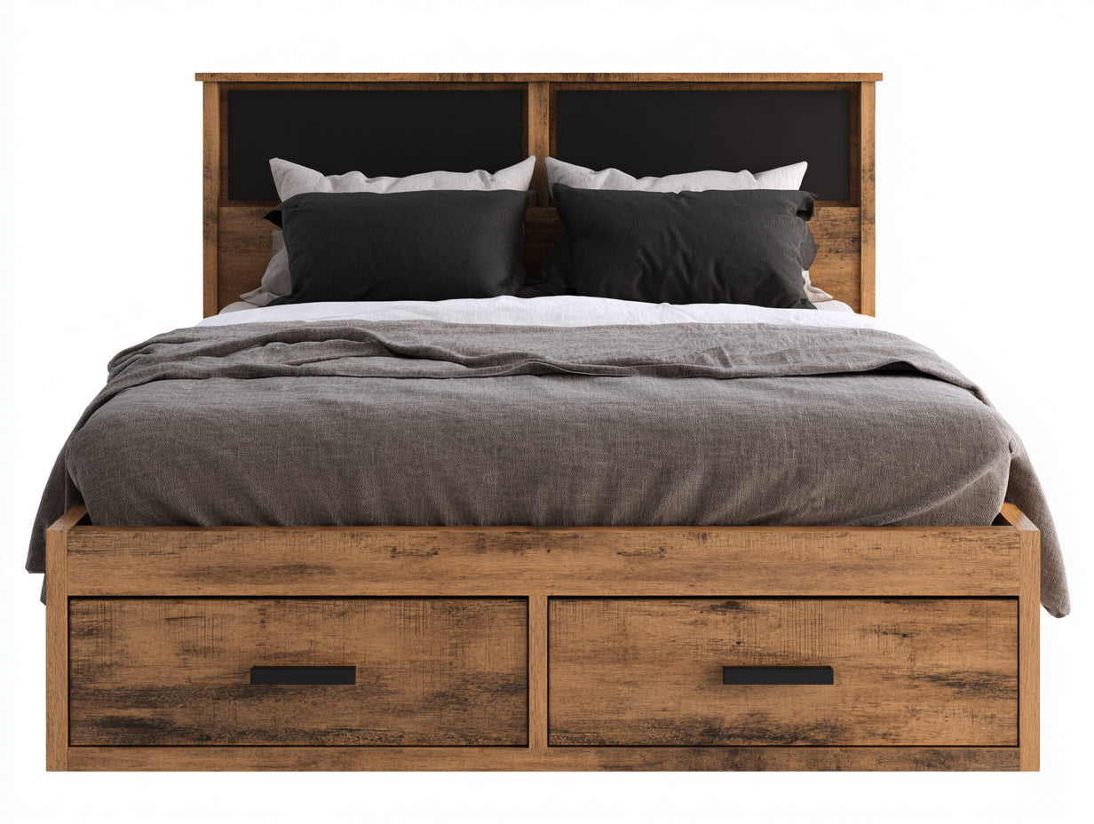 Camas dobles de madera 200x160x115 cm - marrón-negro - 2 cajones integrados - estilo industrial para dormitorio
